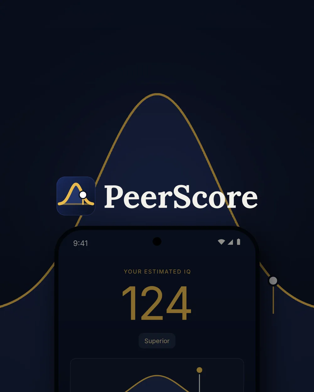 Logotipo de PeerScore sobre un móvil con el resultado del test y una campana de Gauss