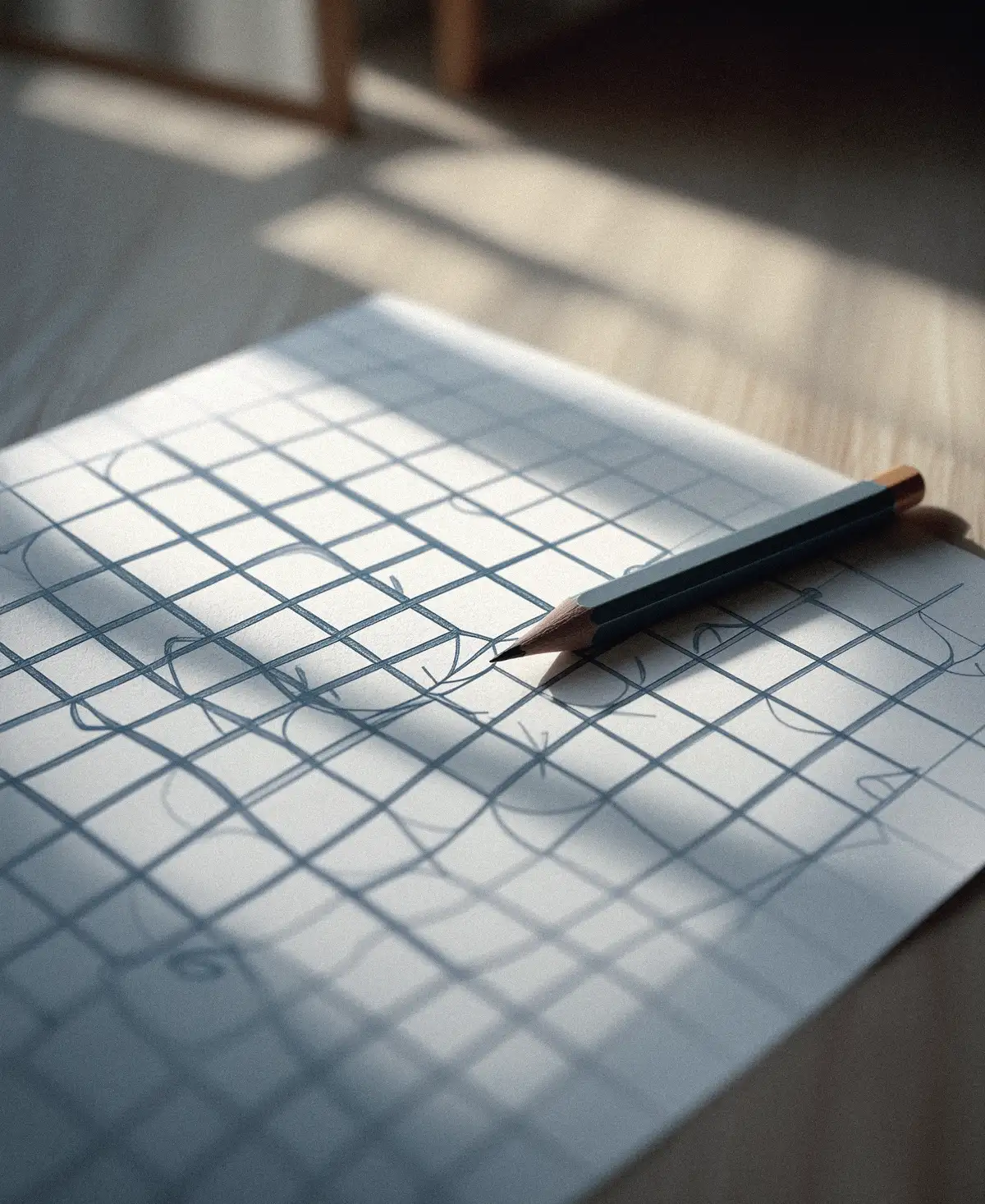 Boceto a lápiz del esquema de una página web sobre papel cuadriculado