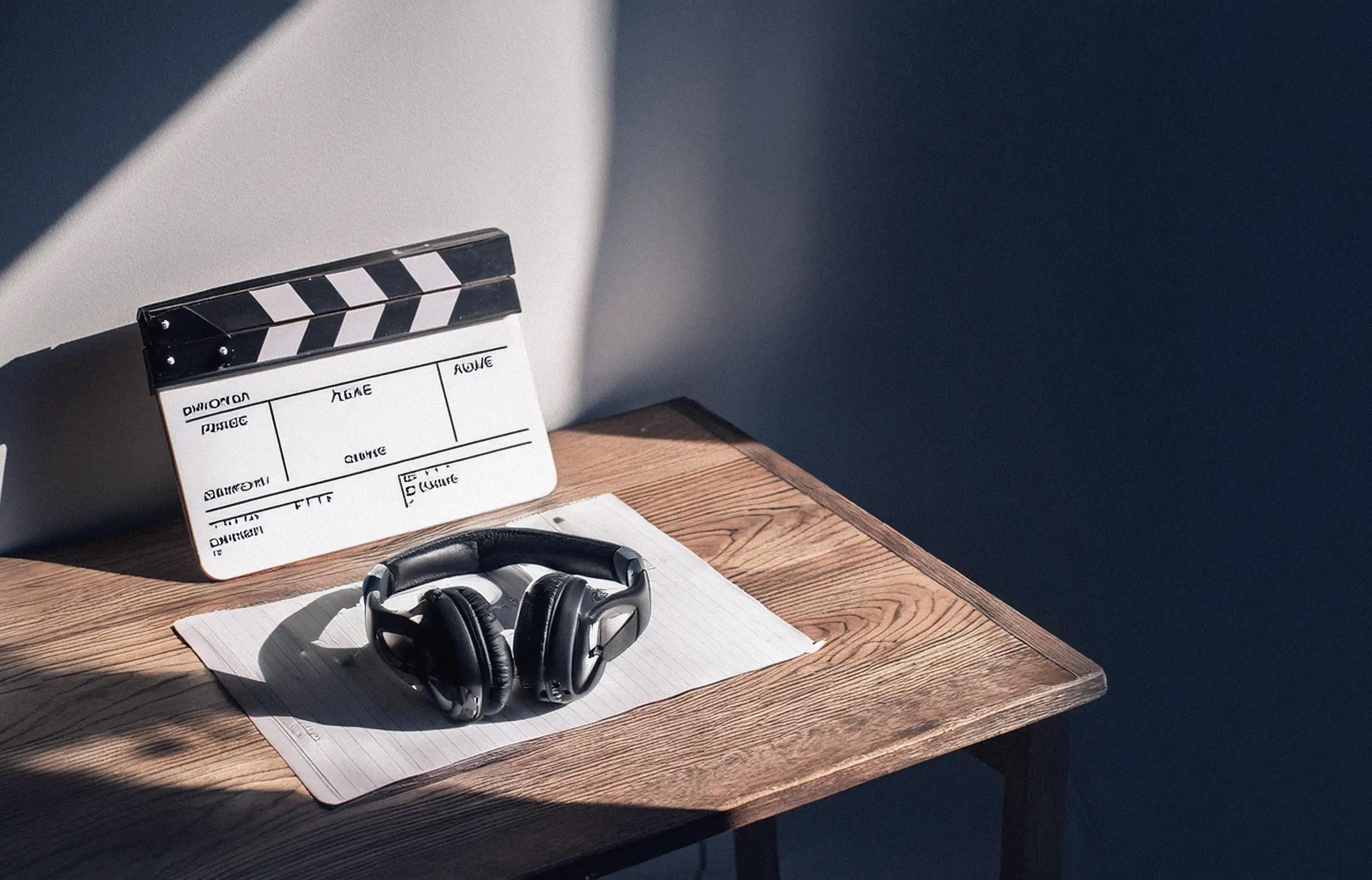 Claqueta de cine y auriculares sobre una mesa de madera junto a un guion