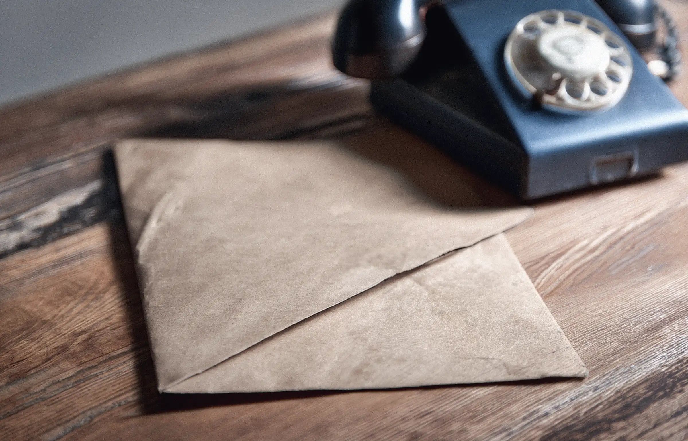 Sobre de papel kraft y un teléfono antiguo de disco sobre una mesa de madera