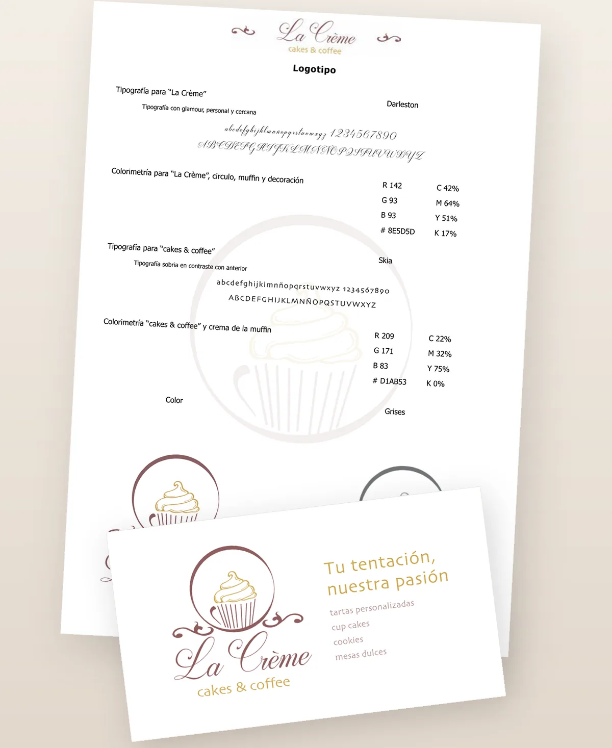 Página de manual de estilo con las tipografías y los colores de una marca y una tarjeta de visita encima