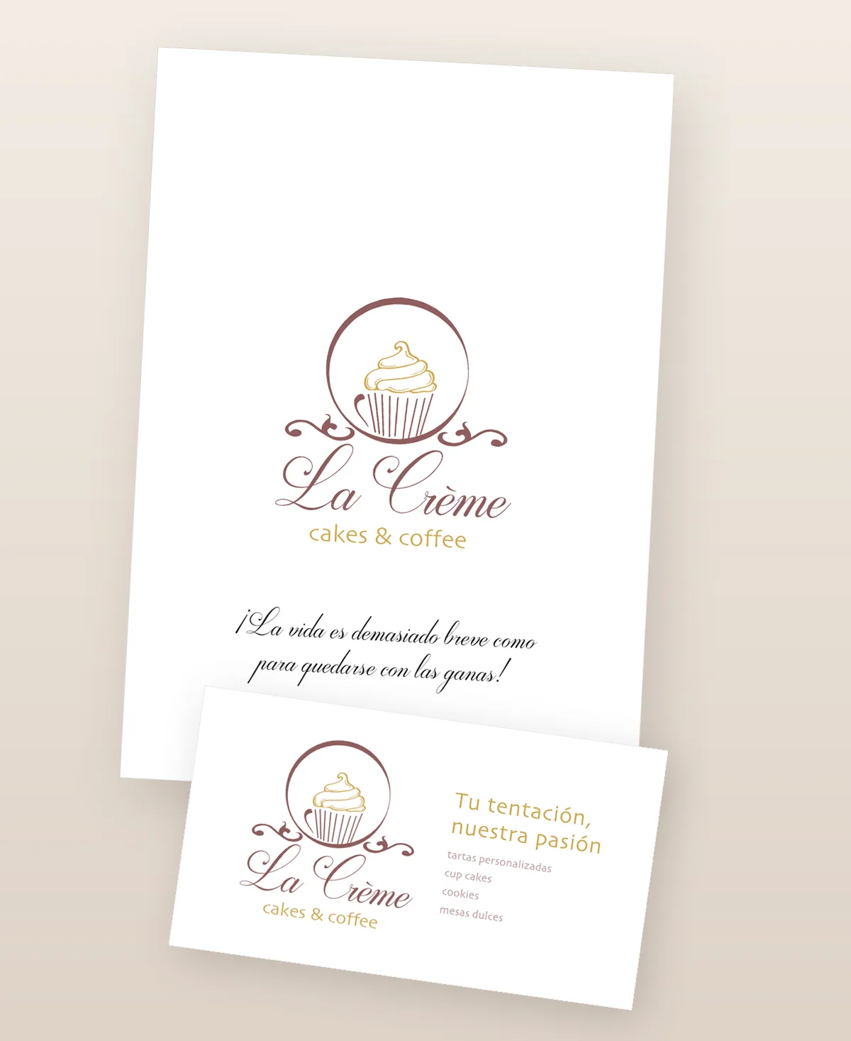 Carta, plantilla de documento y tarjeta de visita de La Crème con el logotipo del muffin