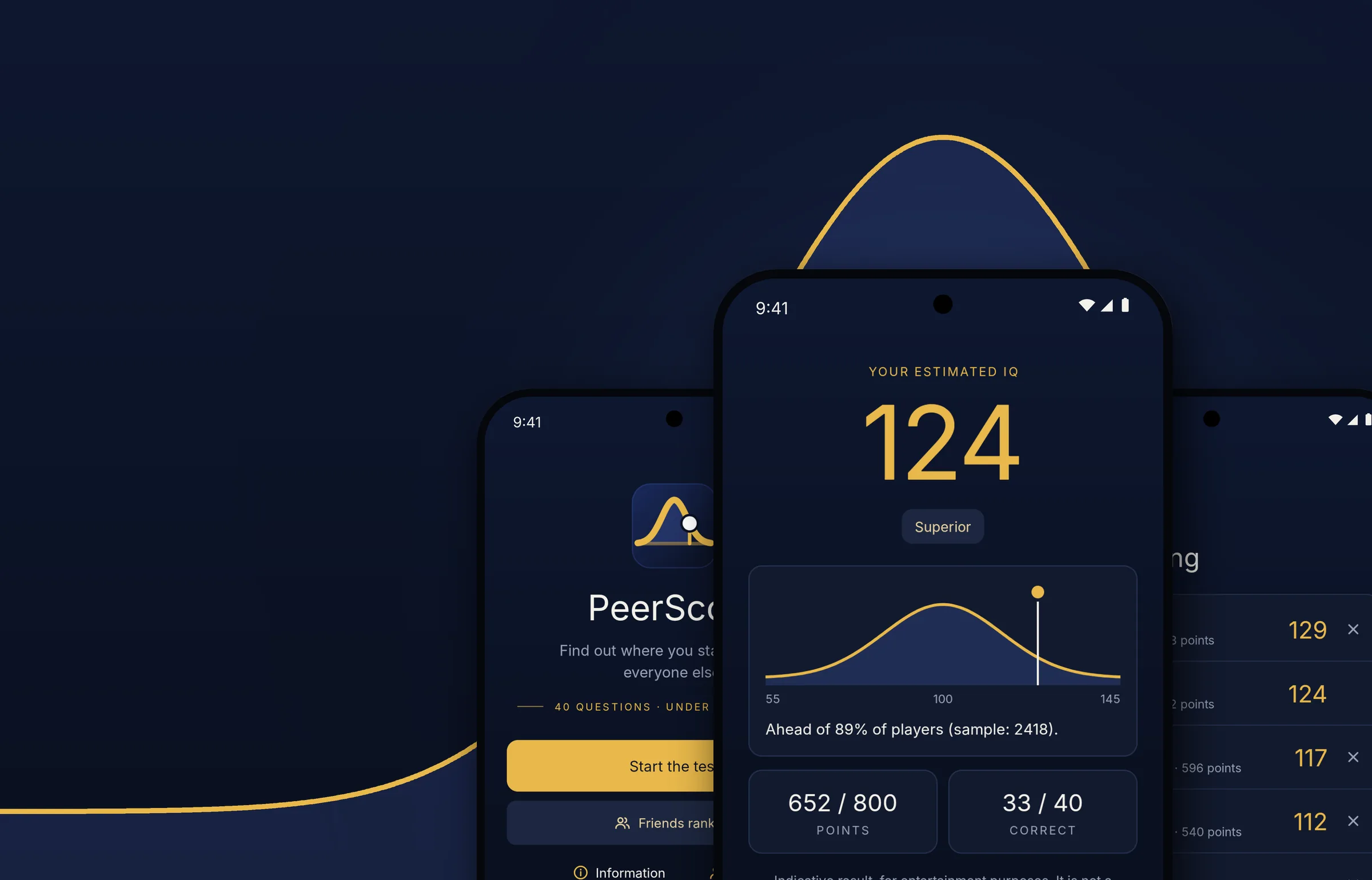 Three PeerScore app screens over a golden bell curve: home, an estimated IQ of 124 and the friends ranking