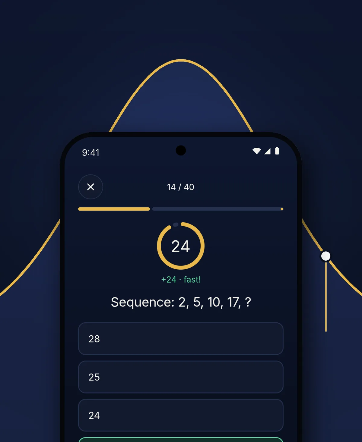 Phone showing a PeerScore question in progress with its timer, over a golden bell curve
